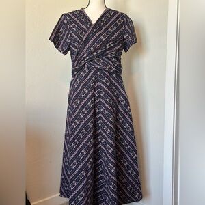 eshakti Navy and Pink Striped Twist-Front Midi Dress